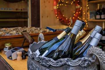 Sparkling wine and champagne at a Christmas Market stall, Zurich, Switzerland
