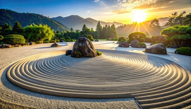 Serene Zen garden with raked sand and rocks at sunrise in a mountain valley
