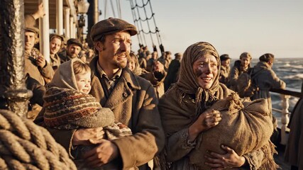On a majestic ship sailing through vast waters, a family finds solace in each other's company, sharing a moment filled with hope and anticipation as they begin their new adventure.