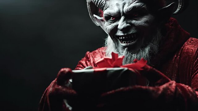 Demon man opening a gift box mischievously, revealing a sinister surprise for holiday horror concept