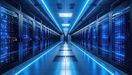 A long, modern server room corridor illuminated by bright blue neon lights