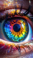 Fototapeta premium Close-up of a vibrant, rainbow-colored eye with sparkling glitter makeup