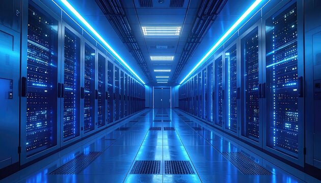 Blue neon-lit corridor of network server racks in a high-tech data center