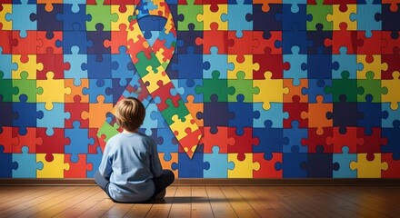 Child sitting quietly before bright colorful puzzle wall of autism awareness.