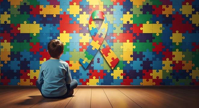 Child sitting quietly before bright colorful puzzle wall of autism awareness.