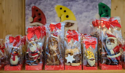 Fototapeta premium Santa chocolates at an artisanal stand, Zurich Christmas Market, Switzerland