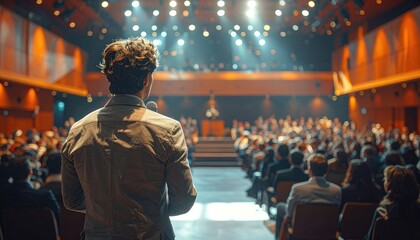 Man addresses a large audience from a brightly lit stage in an auditorium