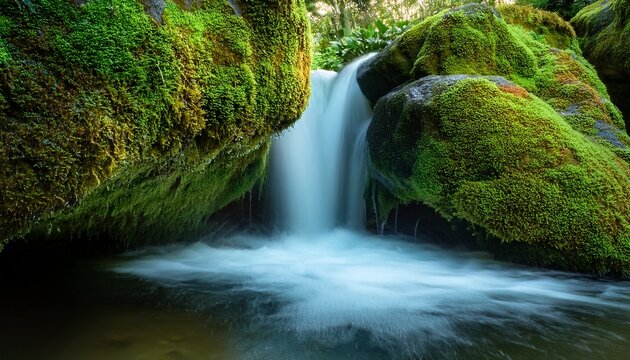 waterfall cascading into a mossy pool