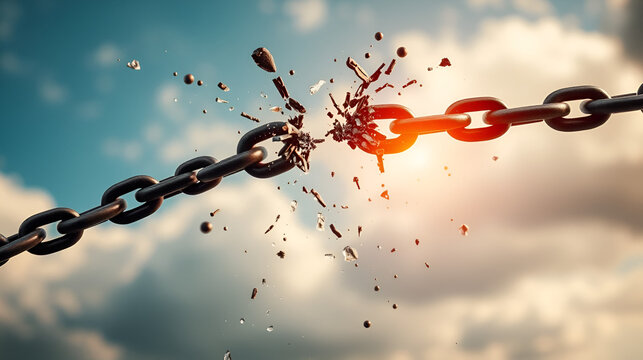 A powerful image of a chain breaking apart mid-air, symbolizing freedom and overcoming obstacles