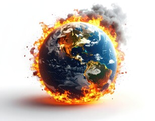 Planet Earth engulfed in flames and smoke, symbolizing a global climate crisis
