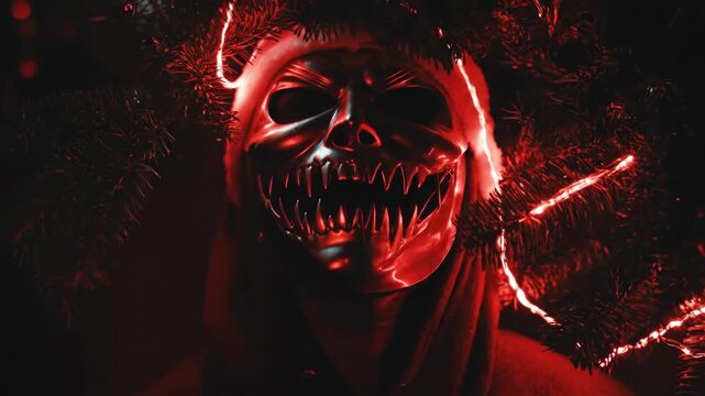 Man in Santa hat and scary Purge mask, illuminated by red Christmas tree lights, slowly reveals his menacing face.