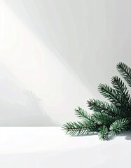 A minimalist evergreen branch with red berries on a clean white background