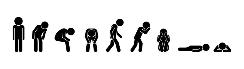 Stickman Sadness & Exhaustion Poses Collection – Emotional Black Silhouette Icons.