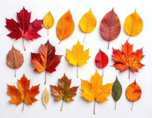 A vibrant collection of colorful autumn foliage on a white background