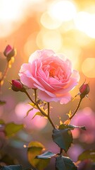 A delicate pink rose blooming in a garden, backlit by a warm, golden sunset