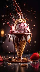 Ice cream cone with dripping chocolate, a caramel splash, nuts, and strawberries
