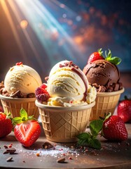 Vanilla and chocolate ice cream scoops in waffle cups with fresh berries