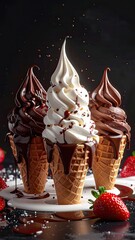 Trio of soft serve cones with chocolate, vanilla, drizzle, and strawberries