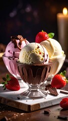 Scoops of ice cream in glass bowls with chocolate sauce and fresh strawberries