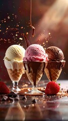 Three ice cream cones in glasses with chocolate drizzle and strawberries