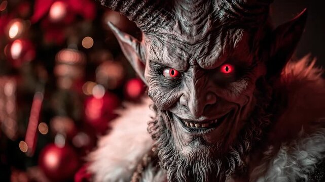 Close up of an evil Krampus creature with glowing red eyes and horns on a blurred Christmas background