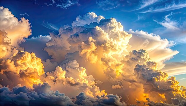 Golden sunlight illuminates majestic, billowing clouds against a deep blue sky