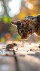 A striped cat curiously watches a small mouse on a sunny wooden surface