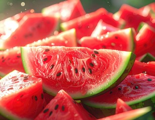 A pile of glistening, sun-kissed, juicy red watermelon slices with seeds