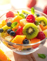 A colorful bowl of fresh fruit salad with kiwi, berries, and mint in sunlight