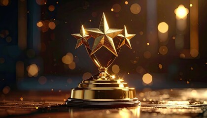 A golden three-star trophy on a pedestal with a sparkling, blurred background