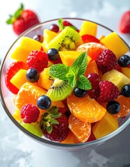 A glass bowl of fresh fruit salad with berries, kiwi, mango, and mint