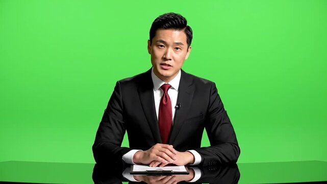 Asian man in suit sitting at desk. News anchor or journalist speaking. Green screen background. Television host or presenter. Formal business attire. Studio setting. Professional male reporter. News