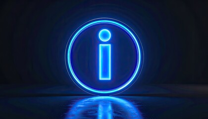 A glowing blue neon information sign reflected on a dark, glossy surface
