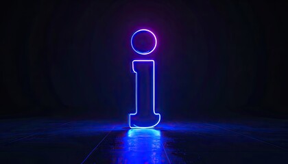 A glowing neon information icon on a dark, wet, reflective floor