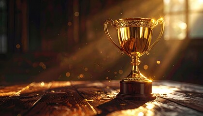 A golden trophy cup on a wooden table, bathed in radiant light and sparkles