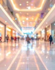 A brightly lit, blurred shopping mall corridor filled with shoppers and stores
