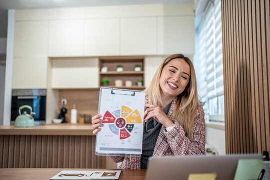 Businesswoman teleconferencing from home presenting data chart