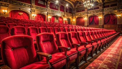 Ornate, vintage theater with empty red velvet seats awaiting a performance