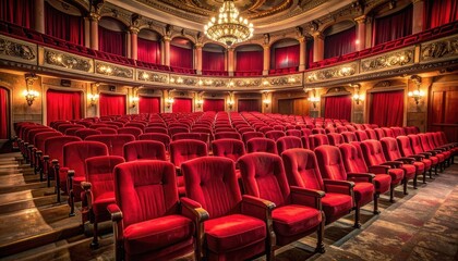 Ornate vintage theater with red velvet seats, balconies, and grand chandelier