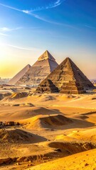 Majestic pyramids rise from golden desert sands under a brilliant blue sky