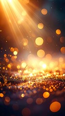 Golden light rays illuminate a sparkling ground with abstract bokeh effects