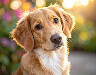 An adorable golden puppy with a white chest tilts its head in a sunlit garden