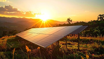 Solar panels generating clean energy on a rural hillside at golden hour sunset