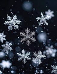 Macro shot of intricate ice crystals falling against a dark, blurry background