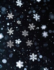 Macro shot of intricate snowflakes and bokeh falling against a dark background