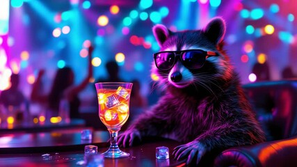 Colorful nightlife scene featuring cool raccoon and shimmering lights