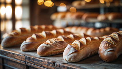 Freshly baked artisan bread loaves on a rustic wooden table