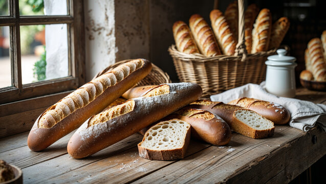 Freshly baked baguettes and bread loaves on a rustic wooden table