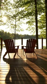 Two wooden chairs on a deck overlooking a tranquil lake in the morning sun.