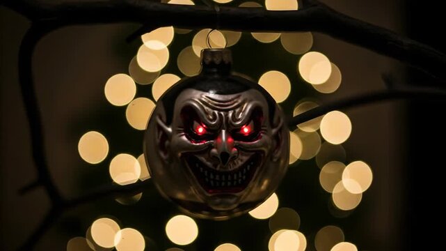 Dracula vampire face halloween ornament with glowing red eyes hanging on branch in front of bokeh christmas light background